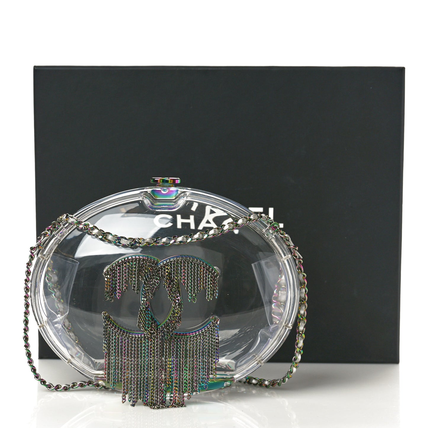Plexiglass Iridescent Chain Fringe CC Clutch Clear