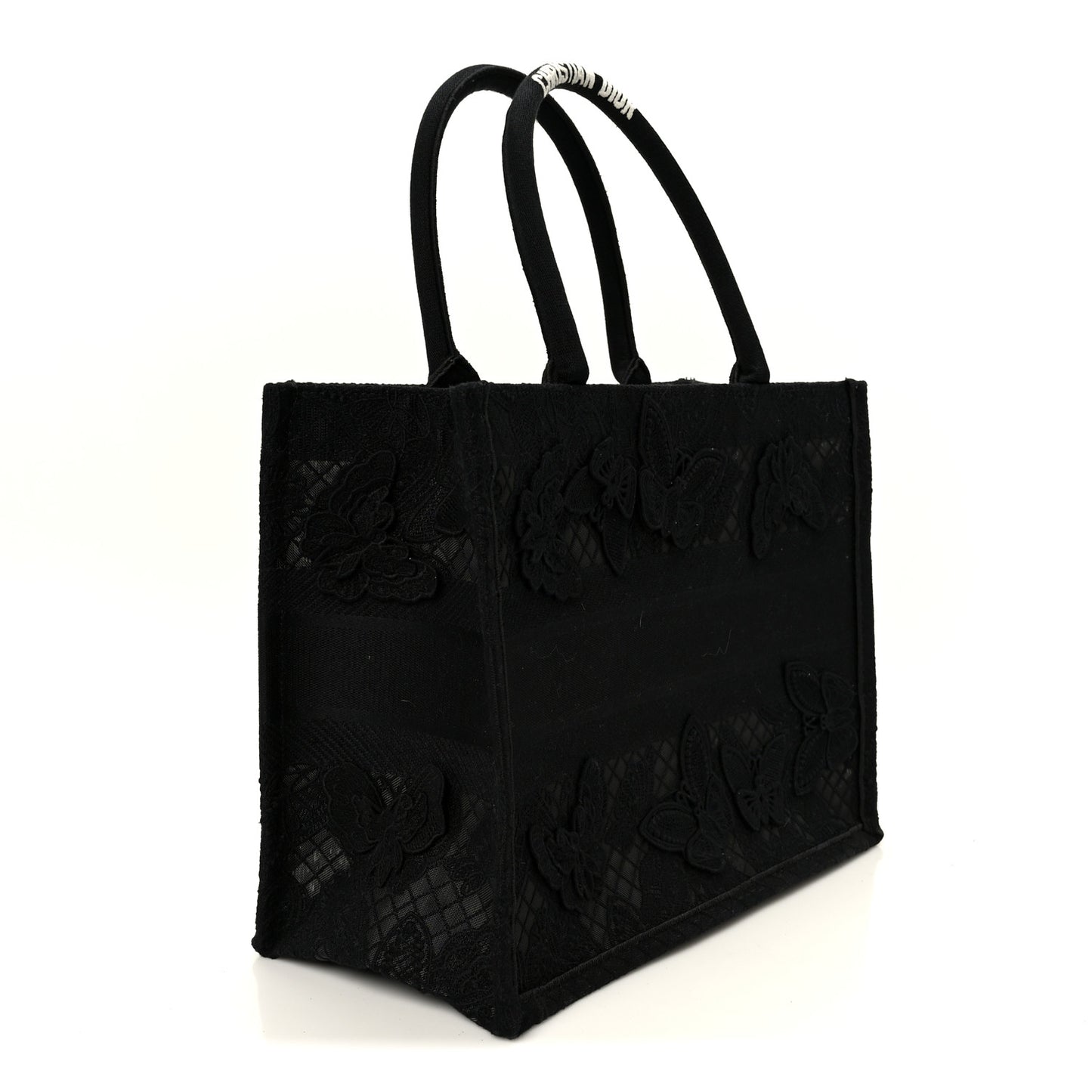 Embroidered 3D Macrame D-Lace Butterfly Medium Book Tote Black Multicolor