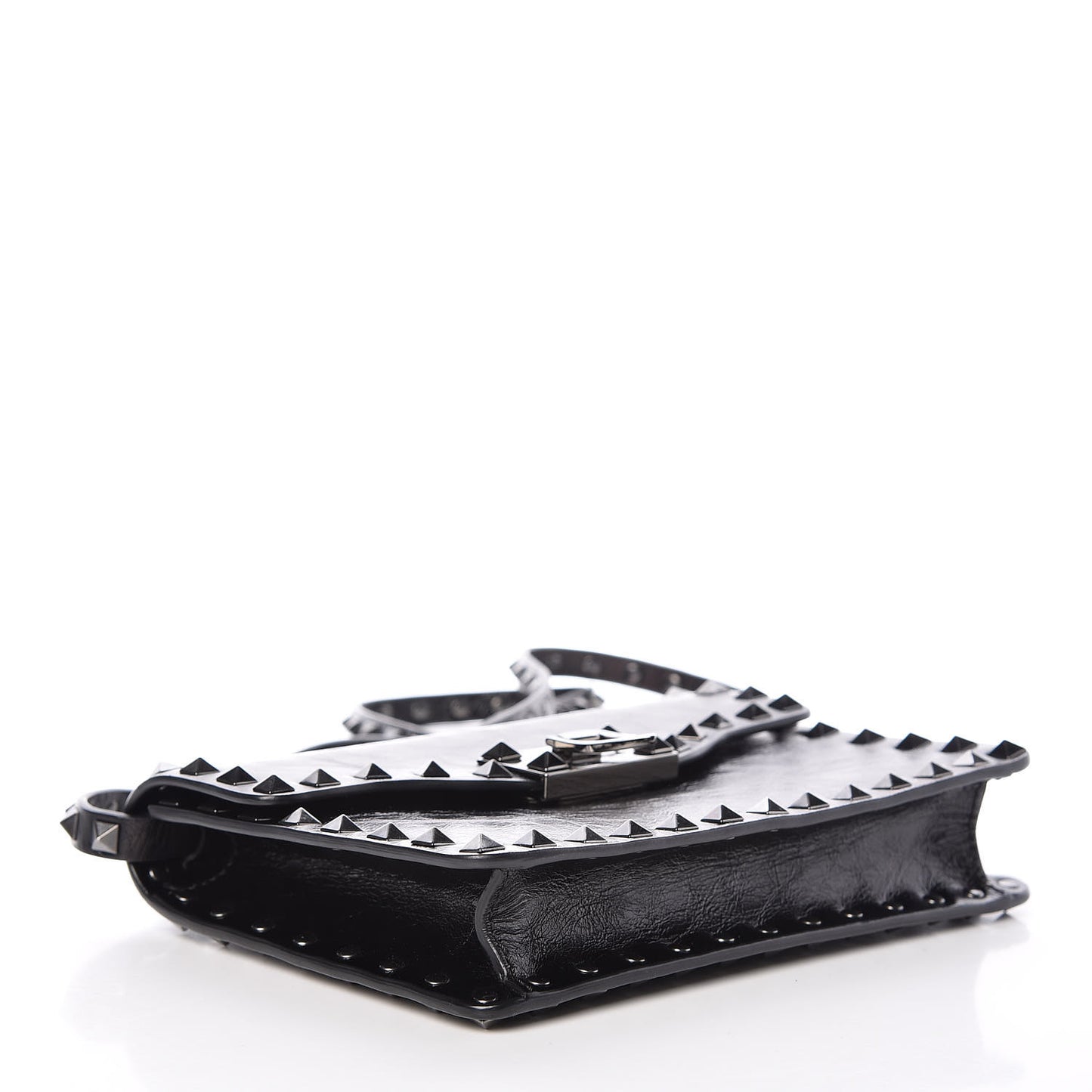 Craquele Calfskin Rockstud Shoulder Flap Bag Black