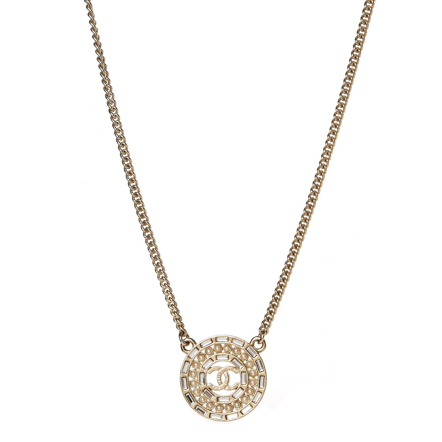 Crystal Pearl CC Medallion Necklace Light Gold