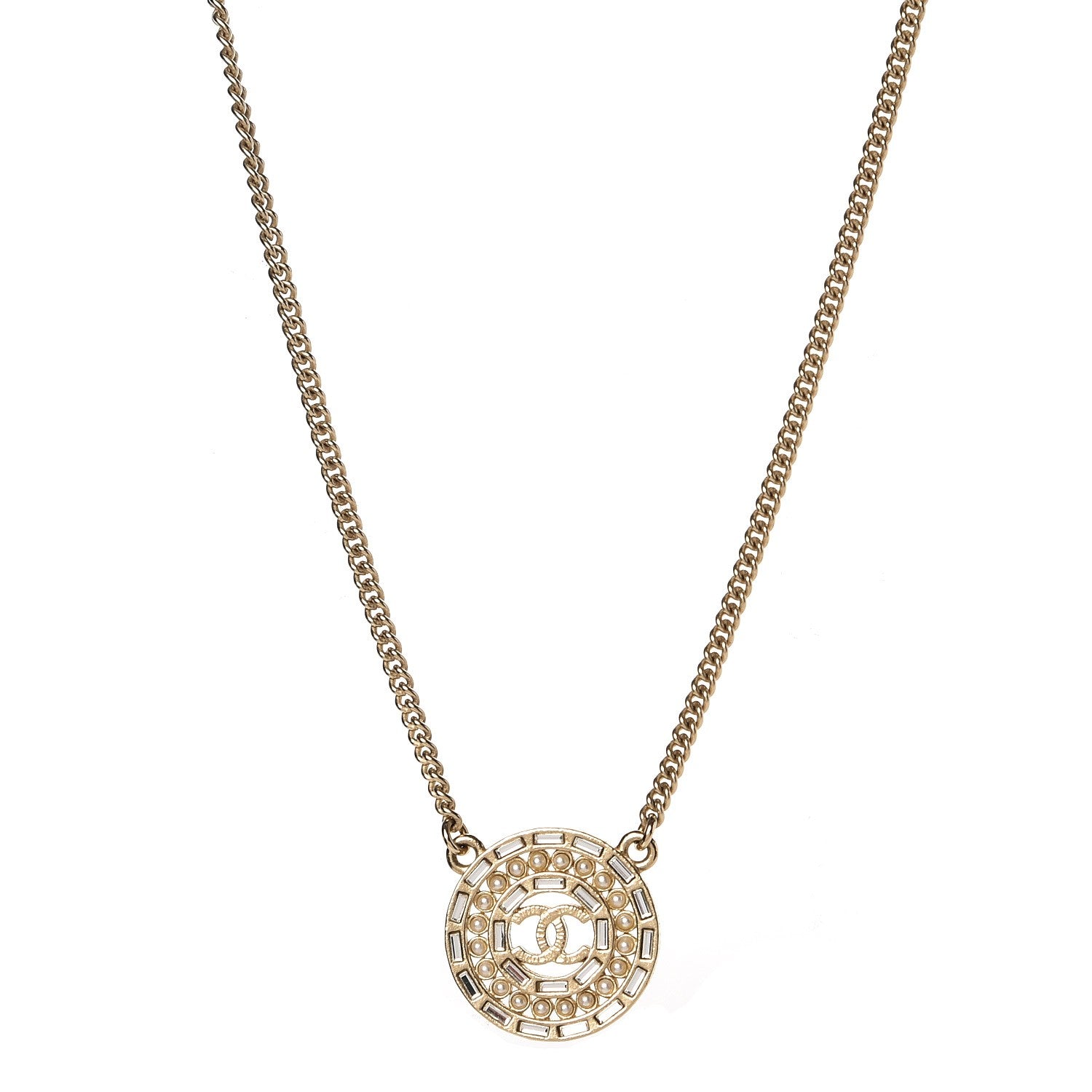 Chanel Crystal Pearl CC Medallion Necklace Light Gold 1 of 5