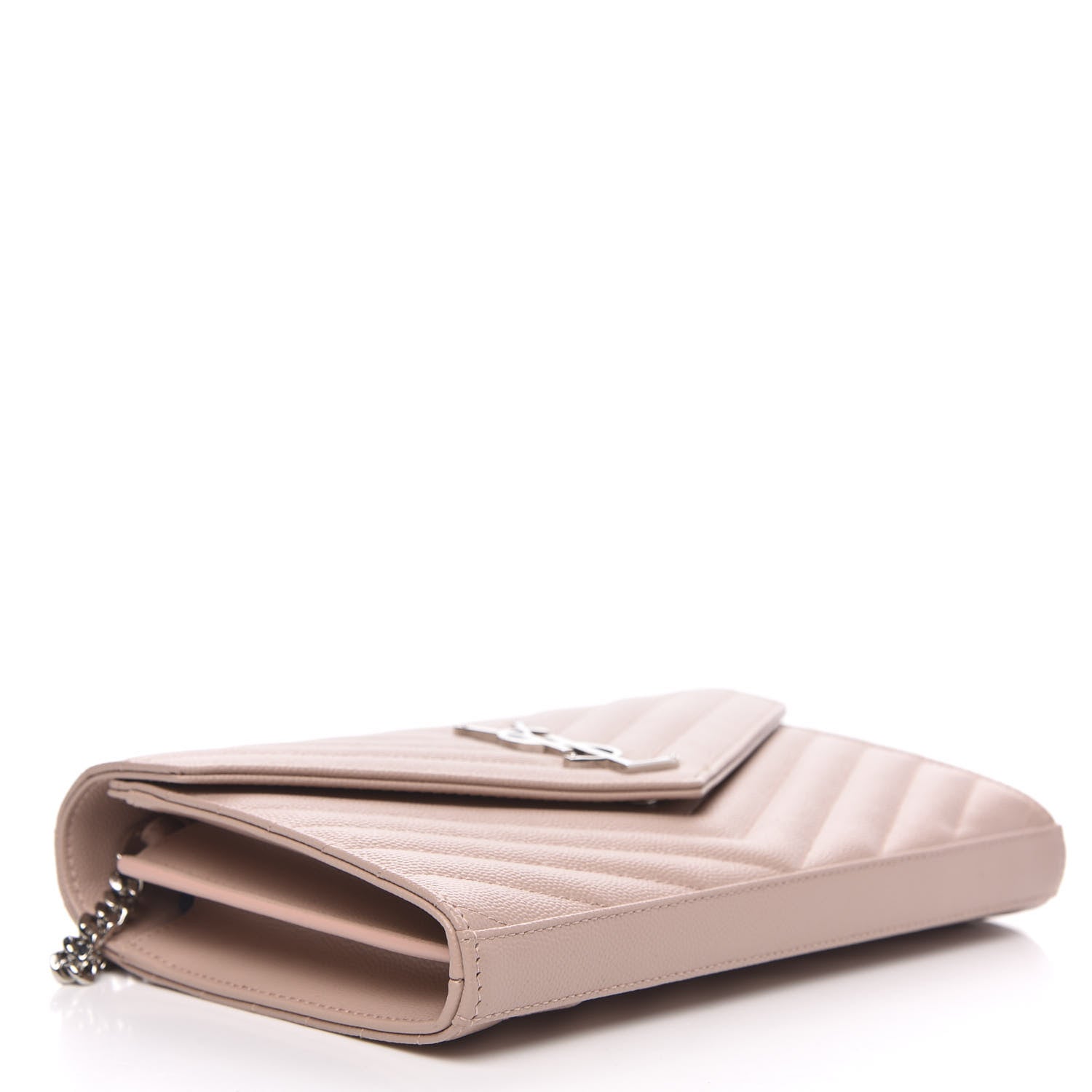 Saint Laurent Grain De Poudre Matelasse Chevron Monogram Chain Wallet Pale Pink 4 of 9