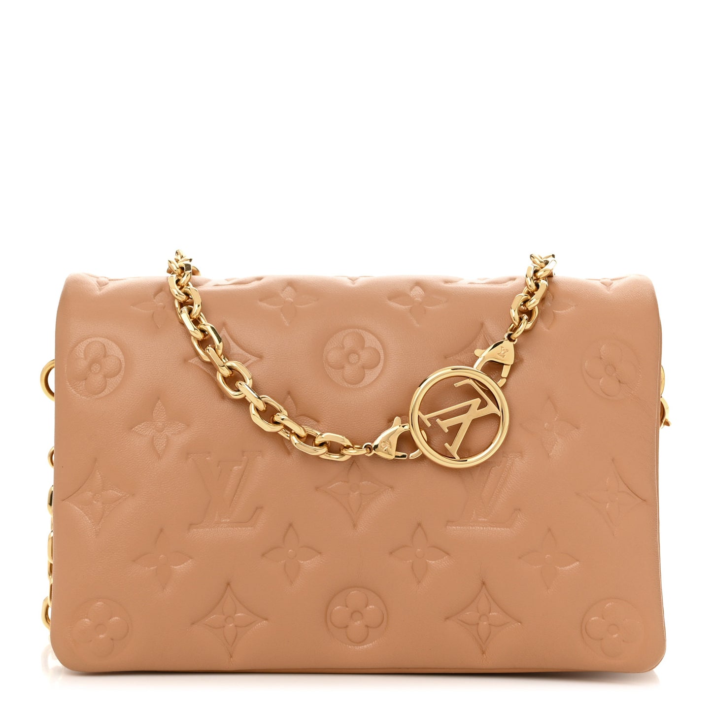 Lambskin Embossed Monogram Pochette Coussin Camel