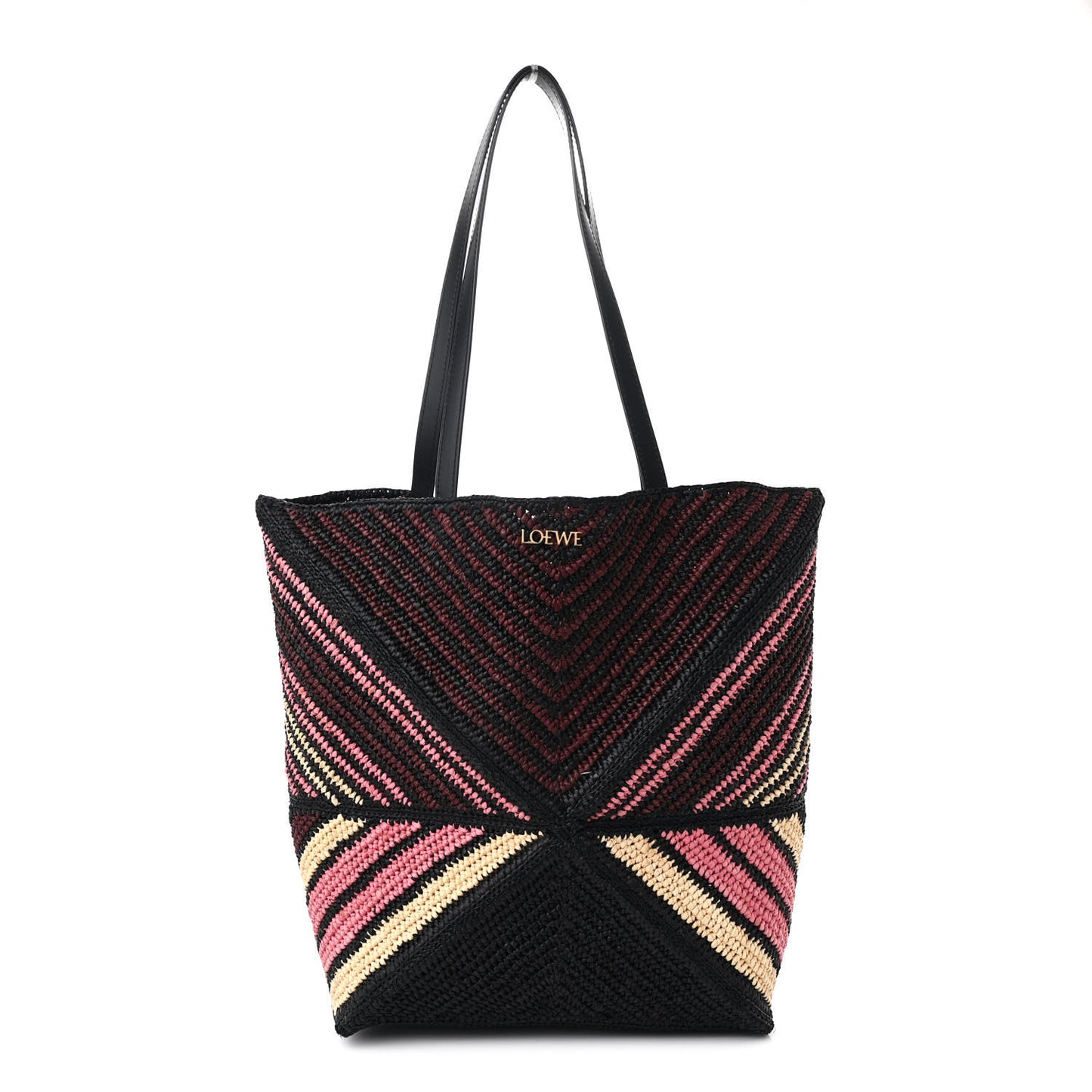 Raffia Calfskin Paula's Ibiza Medium Puzzle Fold Tote Pink Burgundy