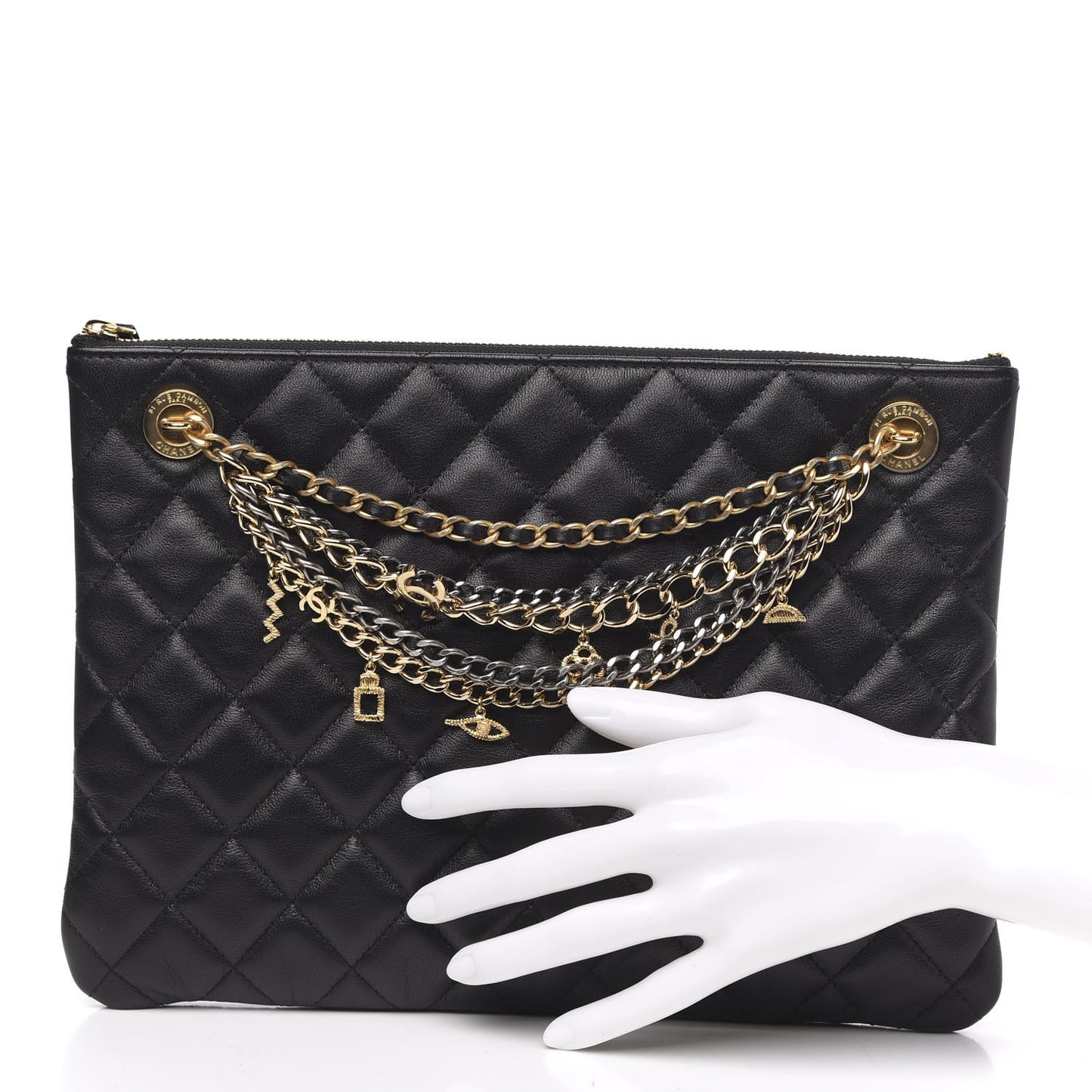 Lambskin Quilted Egyptian Amulet Zipped Pouch Black