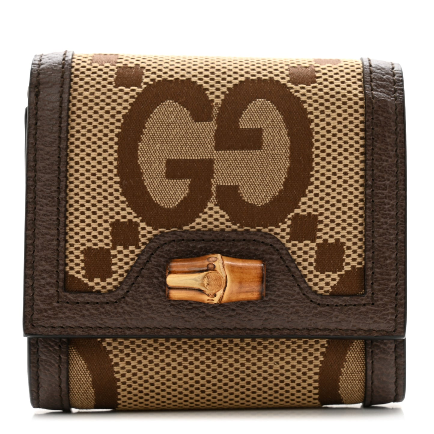 Monogram Jumbo GG Textured Dollar Calfskin Diana Compact Wallet Camel Ebony New Acero