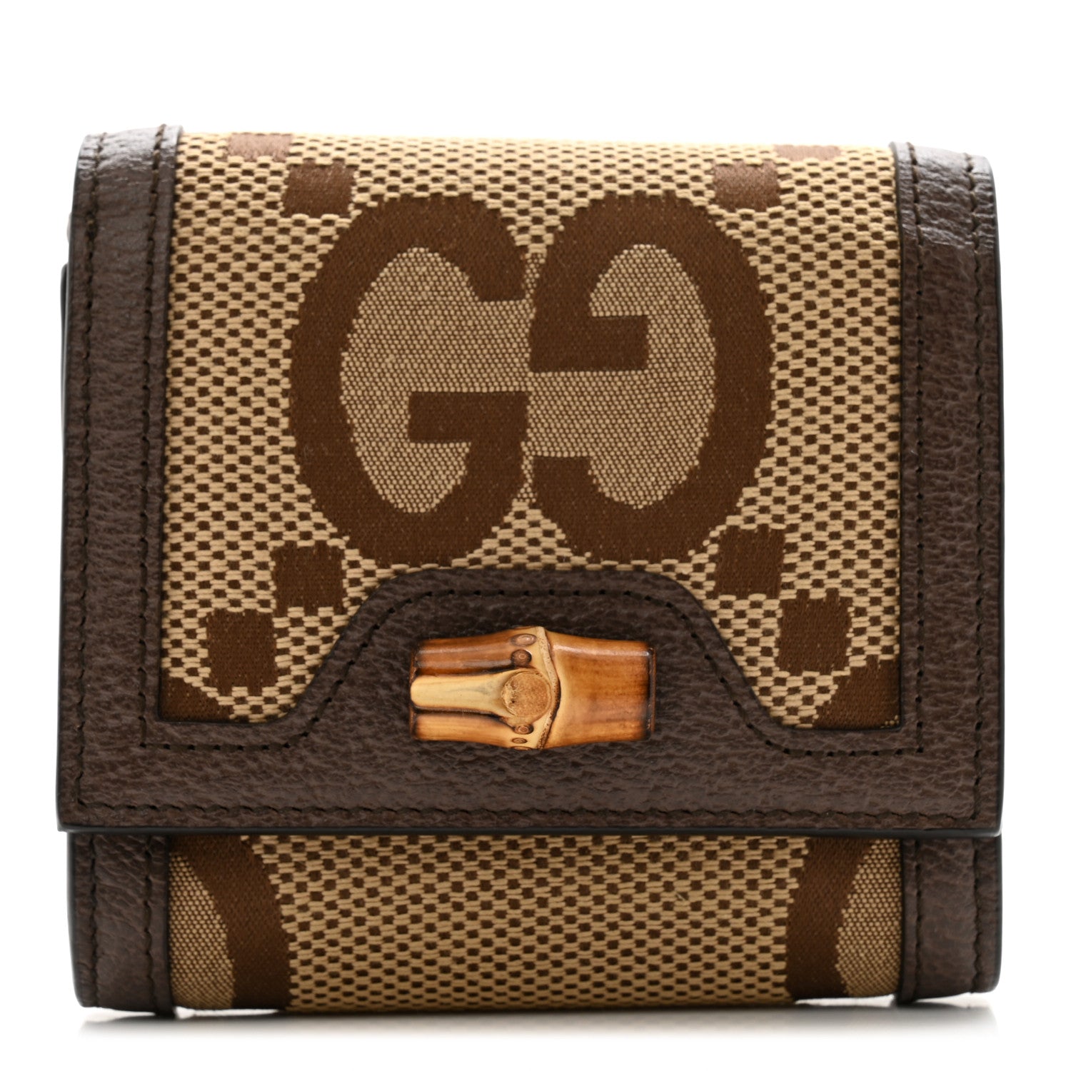 Gucci Monogram Jumbo GG Textured Dollar Calfskin Diana Compact Wallet Camel Ebony New Acero 1 of 8
