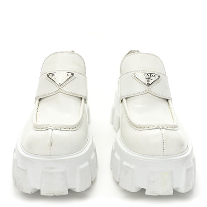 Prada Spazzolato Metal Triangle Logo Monolith Pointy 55mm Loafers 39 White 2 of 14
