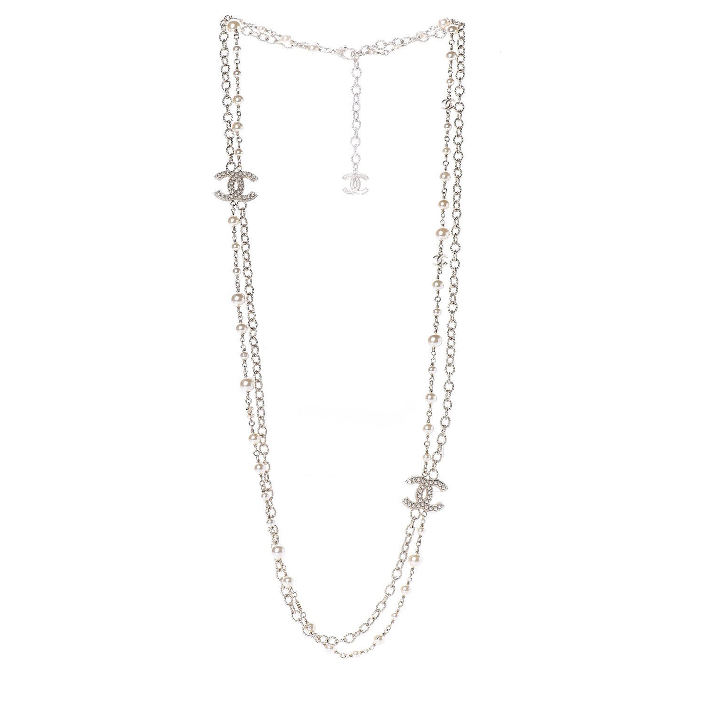Graduated Pearl CC Long Necklace Light Gold