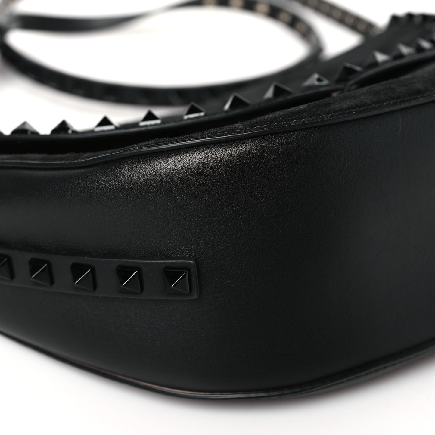 Suede Calfskin Rockstud Halfmoon Saddle Bag Black