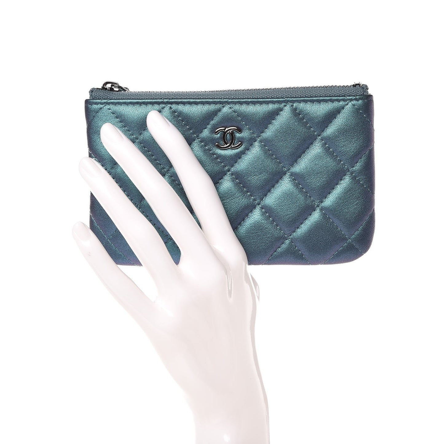 Iridescent Lambskin Quilted Small Cosmetic Case Turquoise