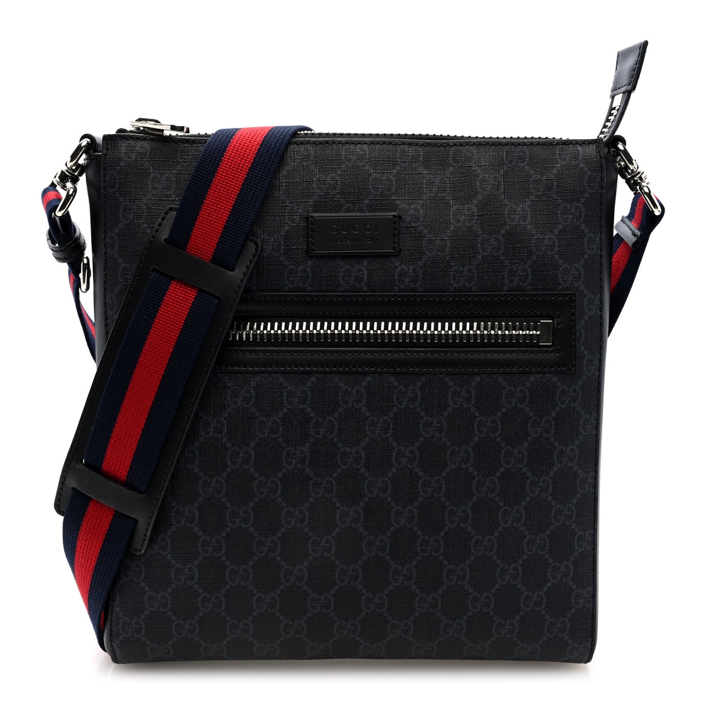 GG Supreme Monogram Appia Calfskin Web Flat Messenger Bag Black Grey