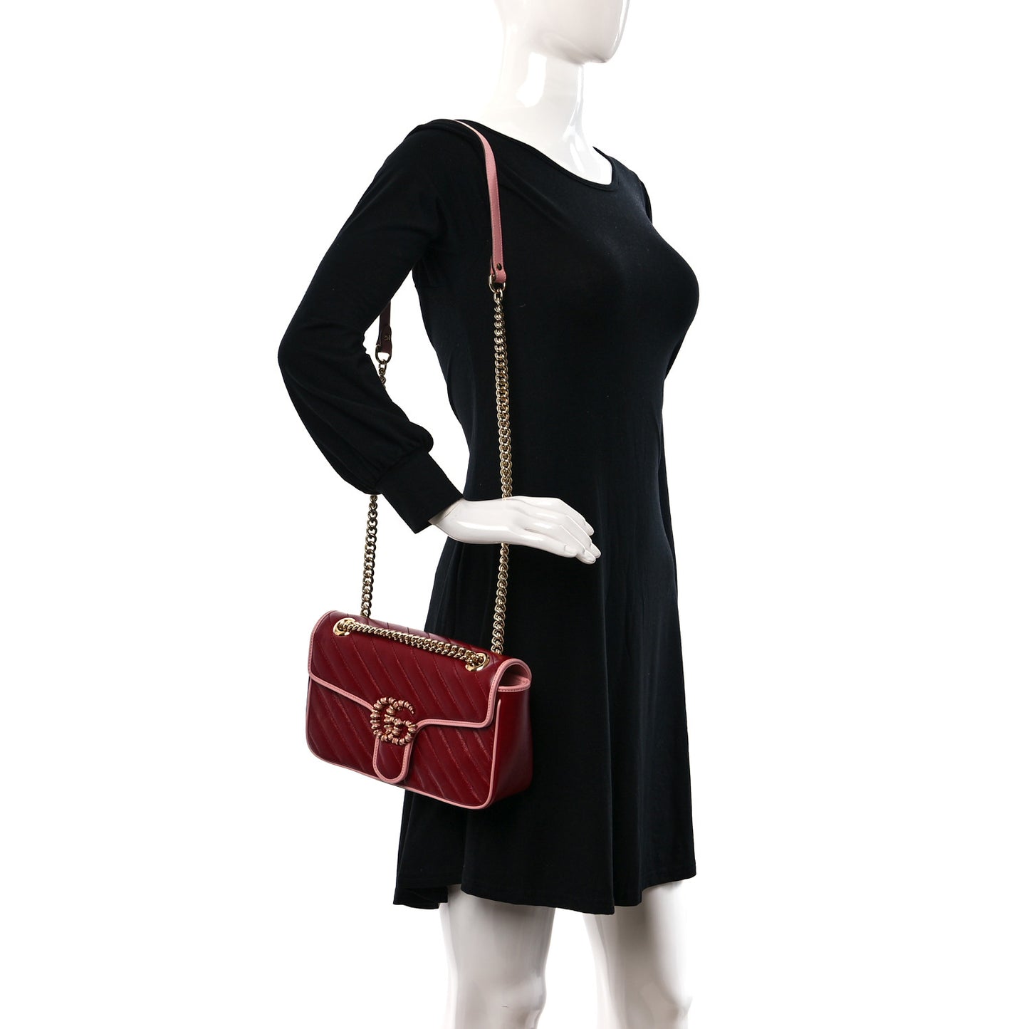 Azalea Calfskin Enamel Matelasse Diagonal Small Torchon GG Marmont Shoulder Bag New Cherry Red Wild Rose