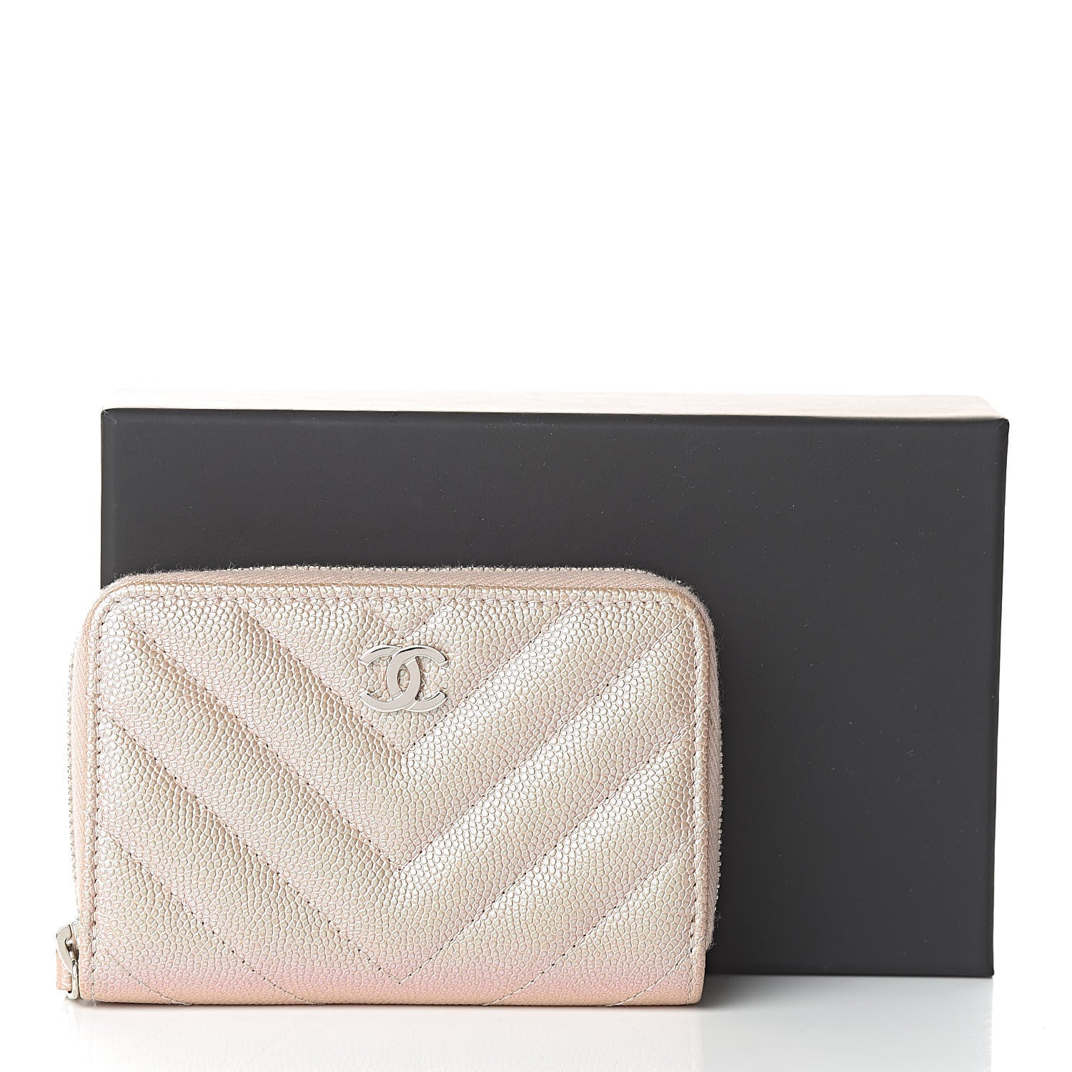 Chanel Metallic Caviar Chevron Quilted Zip Around Coin Purse Light Gold 8 of 8