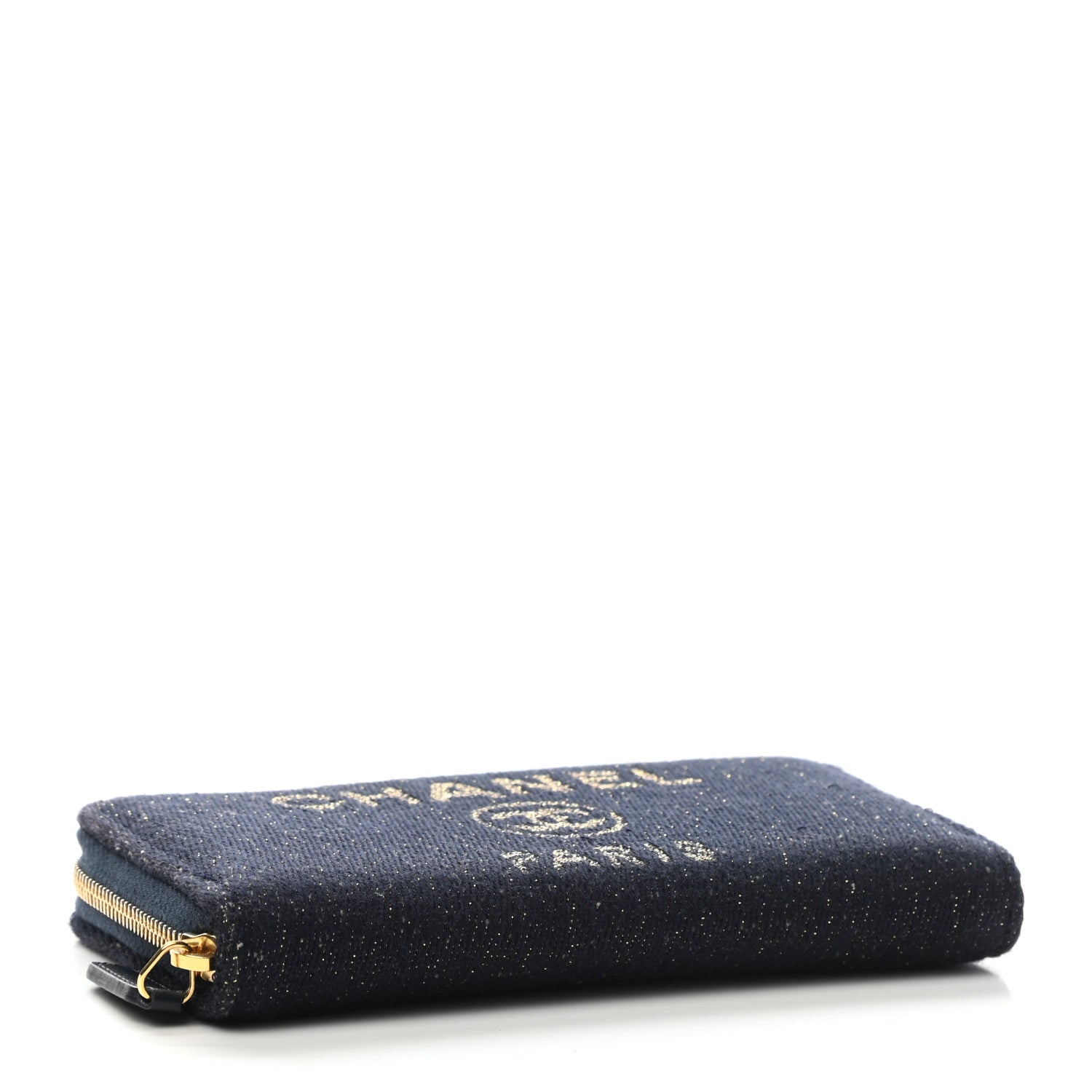 Chanel Lurex Canvas Medium Deauville Zip Around Wallet Navy Blue Gold 4 of 9