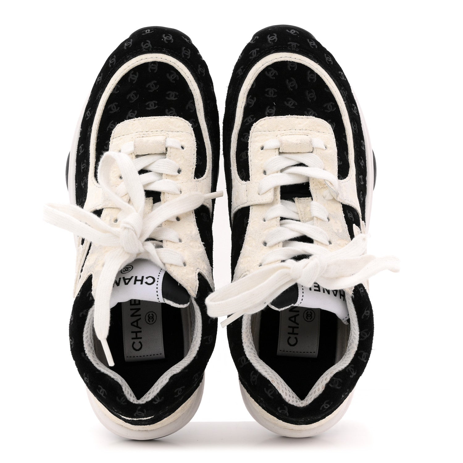 Chanel Nylon Suede Calfskin Printed CC Sneakers 36 White Black