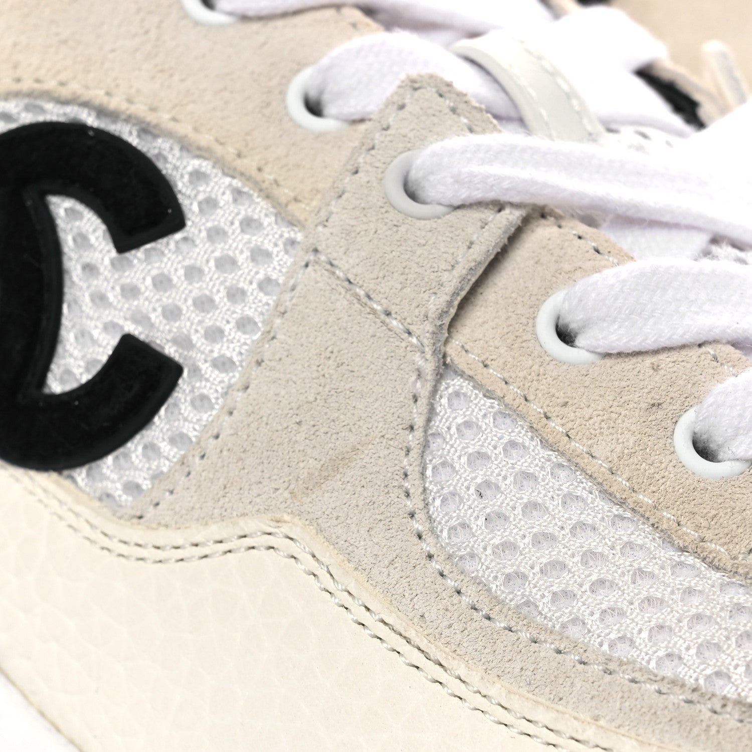 Chanel Mesh Suede Calfskin Grained Calfskin Womens CC Sneakers 37 White Black 8 of 13