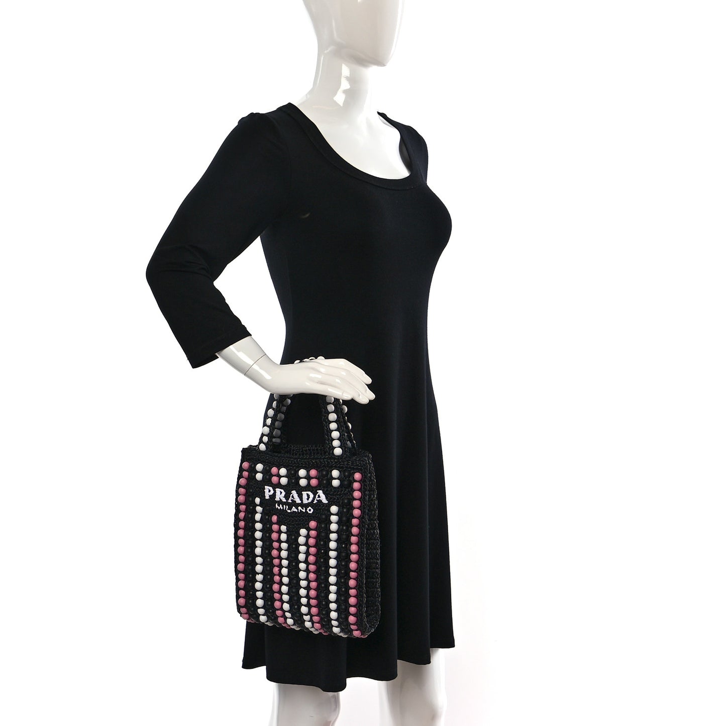 Raffia Wood Bead Embroidered Logo Tote Bag Black