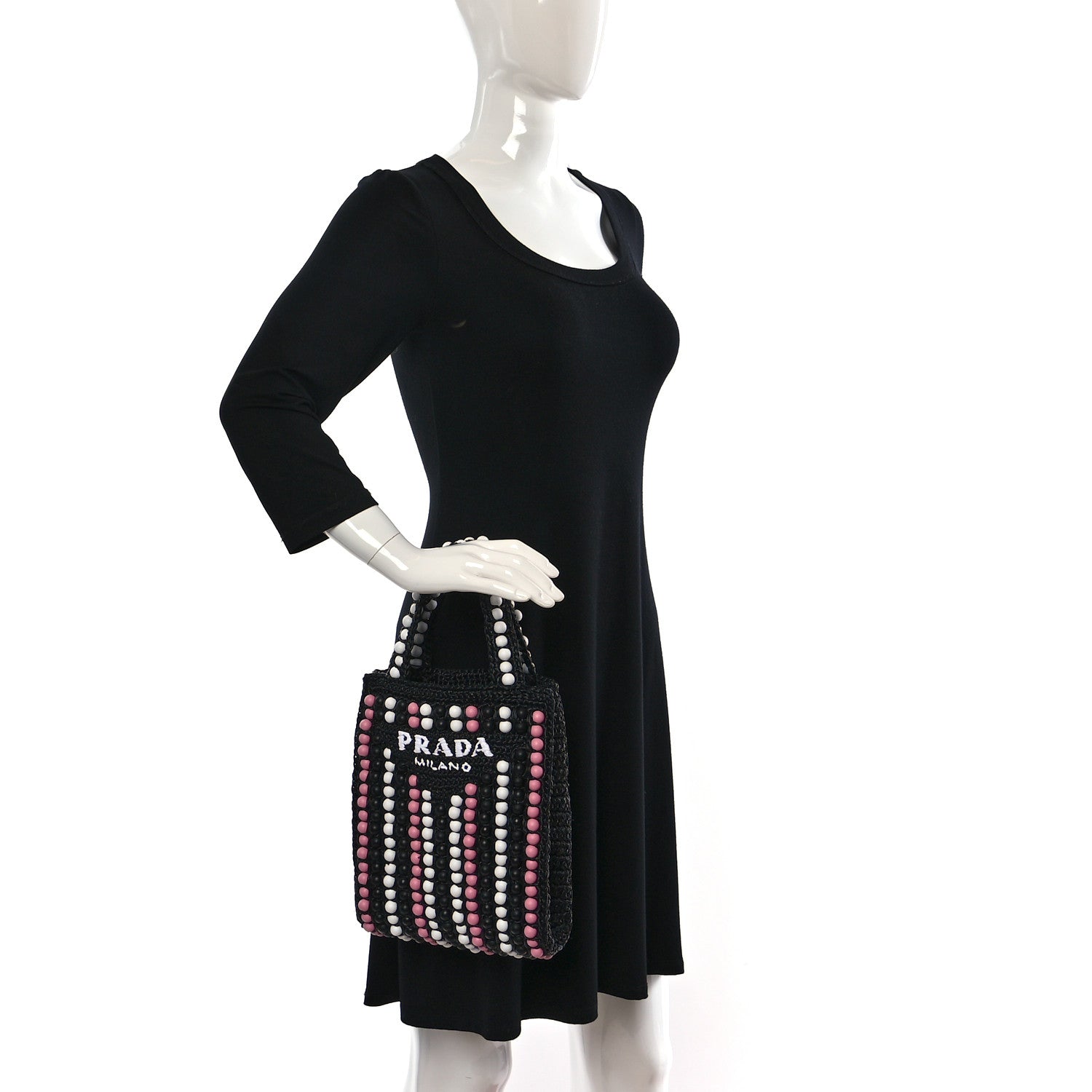 Prada Raffia Wood Bead Embroidered Logo Tote Bag Black 2 of 10