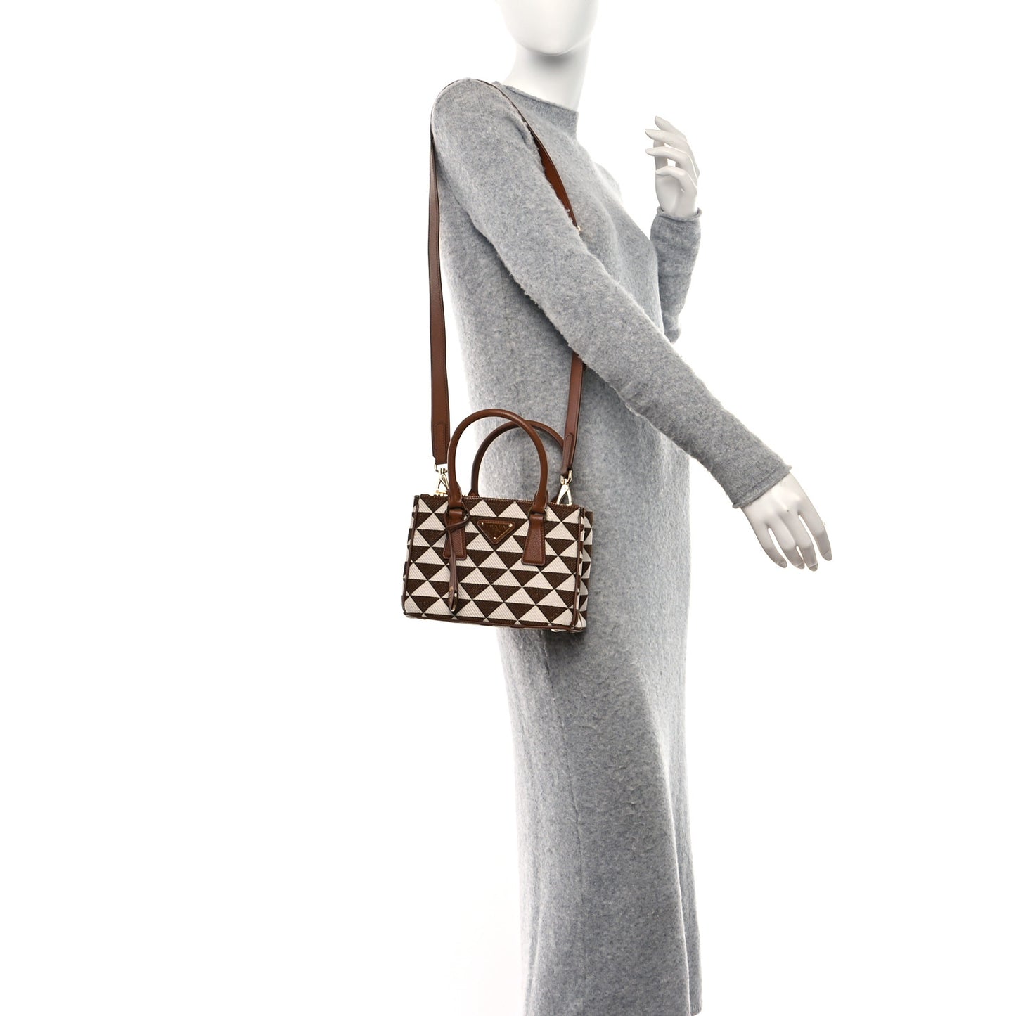 Jacquard Saffiano Triangolo Symbole Embroidered Mini Galleria Double Zip Tote Tabacco Talco