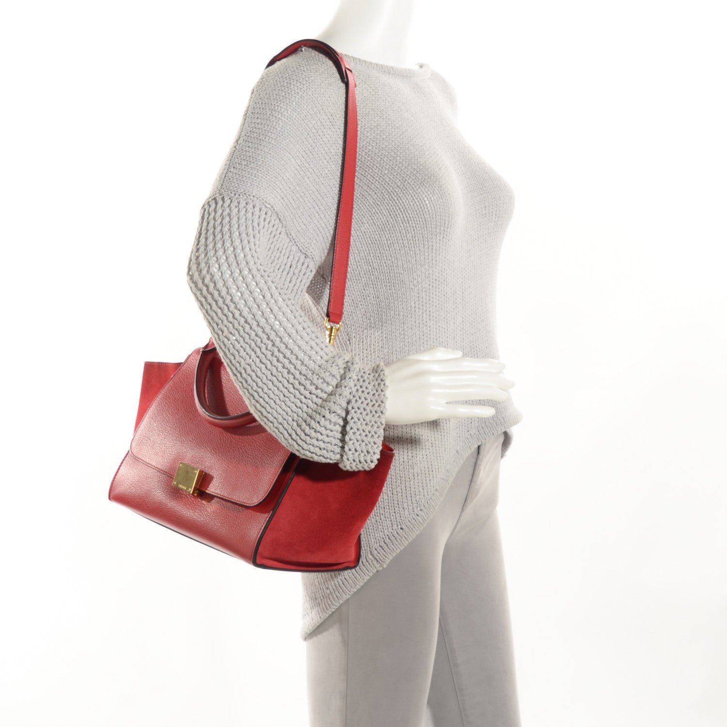 Celine Drummed Calfskin Suede Small Trapeze Coquelicot 2 of 9