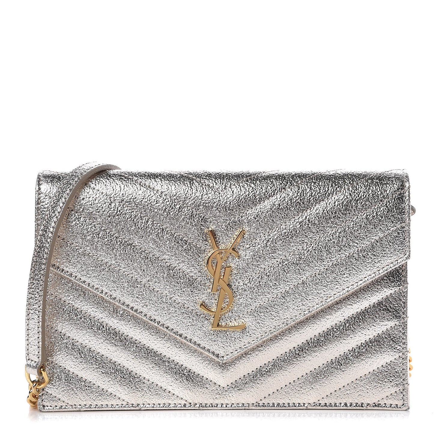 Metallic Crackled Calfskin Matelasse Chevron Monogram Envelope Chain Wallet Gold