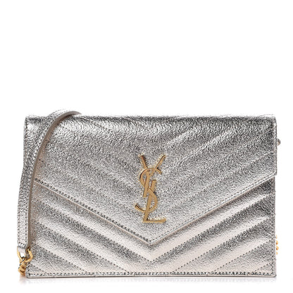 Saint Laurent Metallic Crackled Calfskin Matelasse Chevron Monogram Envelope Chain Wallet Gold 1 of 6