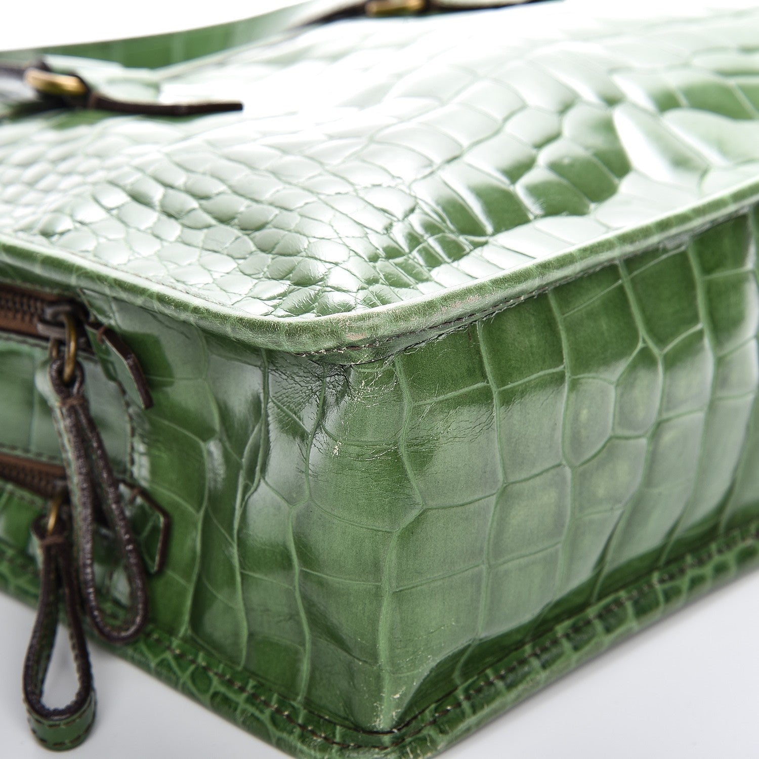 Prada Shiny Calfskin Crocodile Embossed Double Zip Bauletto Larice 10 of 15