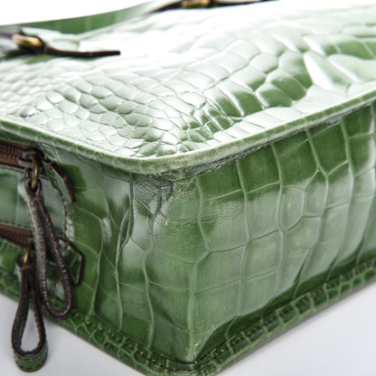 Prada Shiny Calfskin Crocodile Embossed Double Zip Bauletto Larice 10 of 15