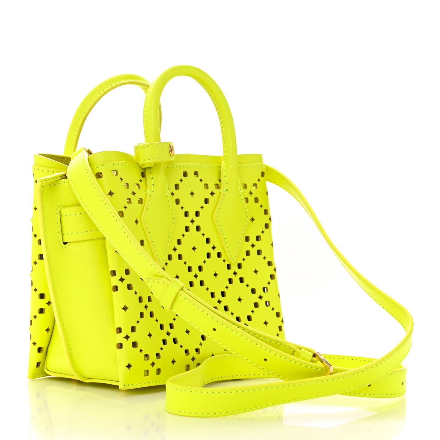 Perforated Calfskin Studded Mini Milla Tote Neon Yellow