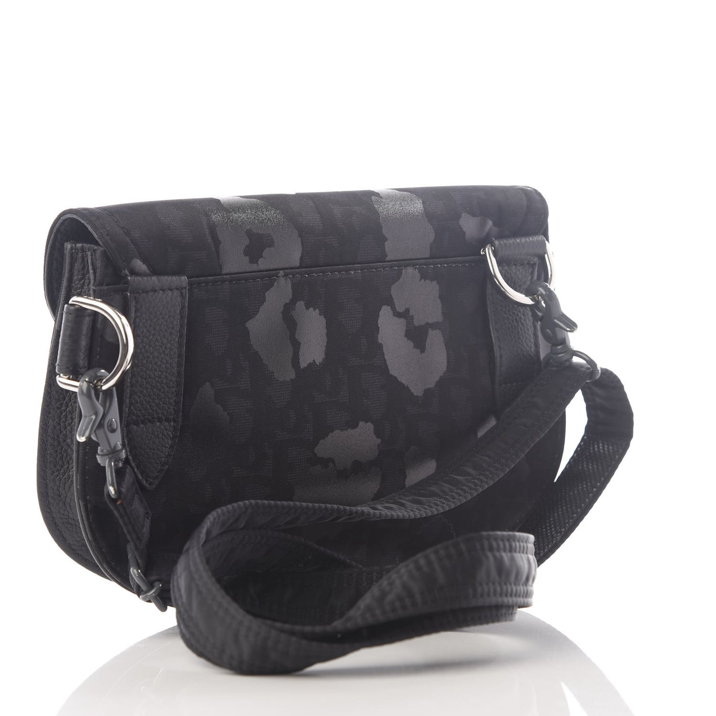 Calfskin Nylon Monogram Leopard Print Saddle Pouch Black