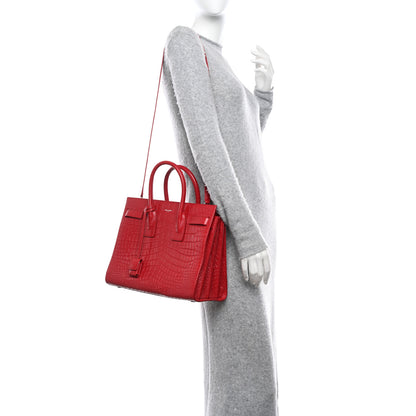 Saint Laurent Calfskin Crocodile Embossed Small Sac De Jour Red 2 of 10