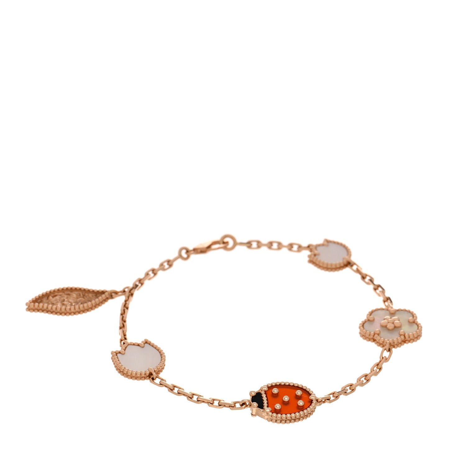 18K Rose Gold Carnelian Mother of Pearl Onyx 5 Motifs Lucky Spring Bracelet