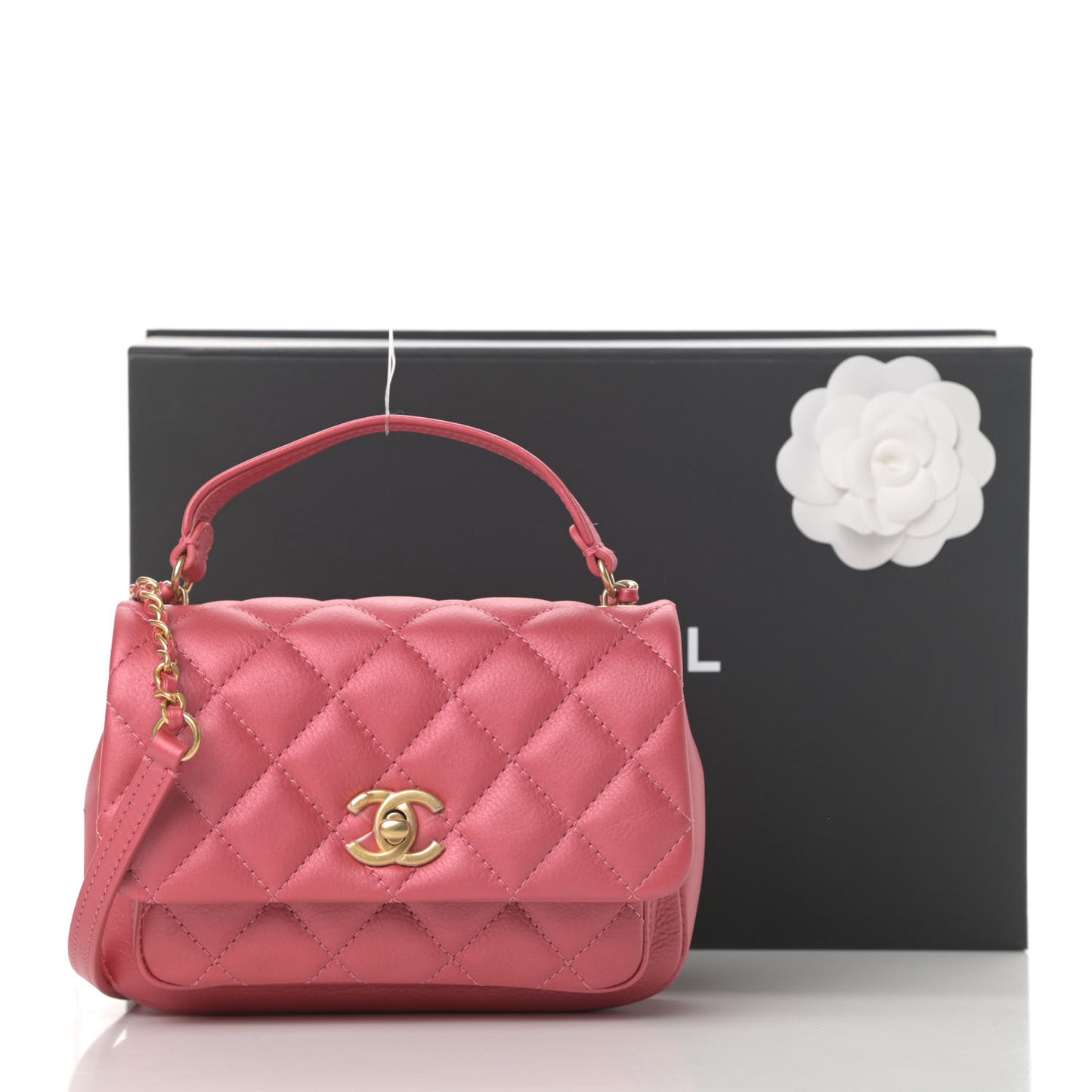 Calfskin Quilted Top Handle Flap Dark Pink