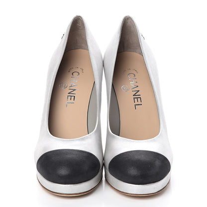 Chanel Metallic Calfskin Buffalo Cap Toe CC Pumps 37.5 Silver Black 2 of 8