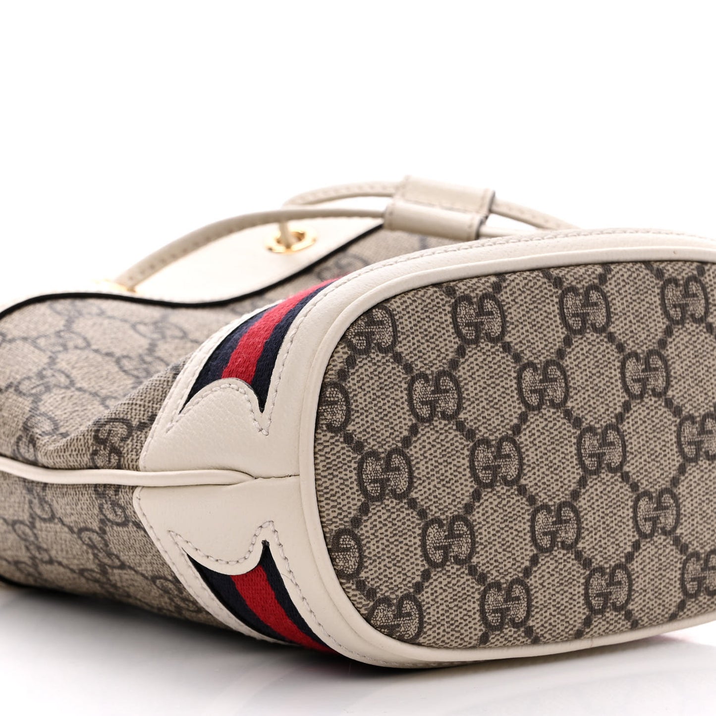 GG Supreme Monogram Textured Calfskin Web Mini Ophidia Bucket Bag Beige Ebony Mystic White