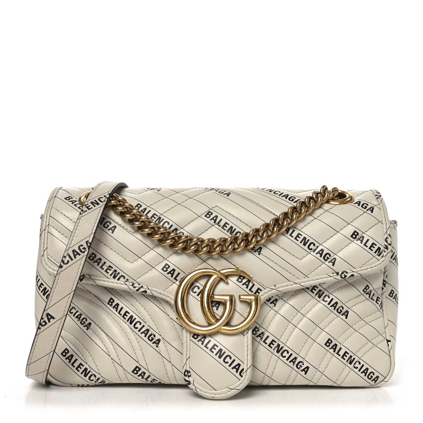X BALENCIAGA Calfskin Matelasse Logo Print Small GG Marmont Shoulder Bag White