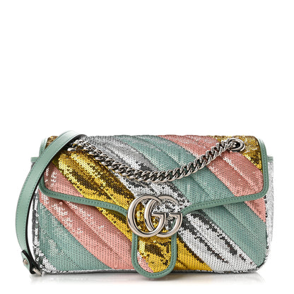 Gucci Sequin Satin Calfskin Matelasse Diagonal Small GG Marmont Shoulder Bag Grigio Argento Verde Chiaro Rosa Giallo Light Water Green 1 of 10