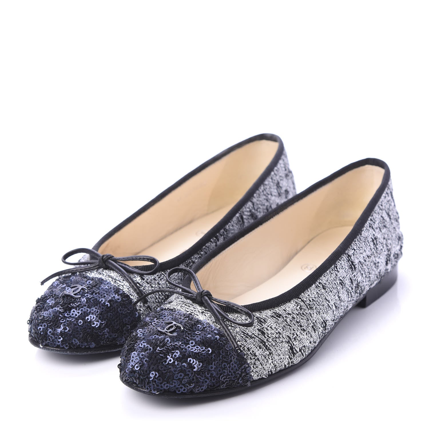 Chanel Tweed Sequin Cap Toe Ballerina Flats 36 Black Blue 3 of 9