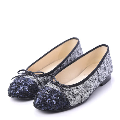Chanel Tweed Sequin Cap Toe Ballerina Flats 36 Black Blue 3 of 9