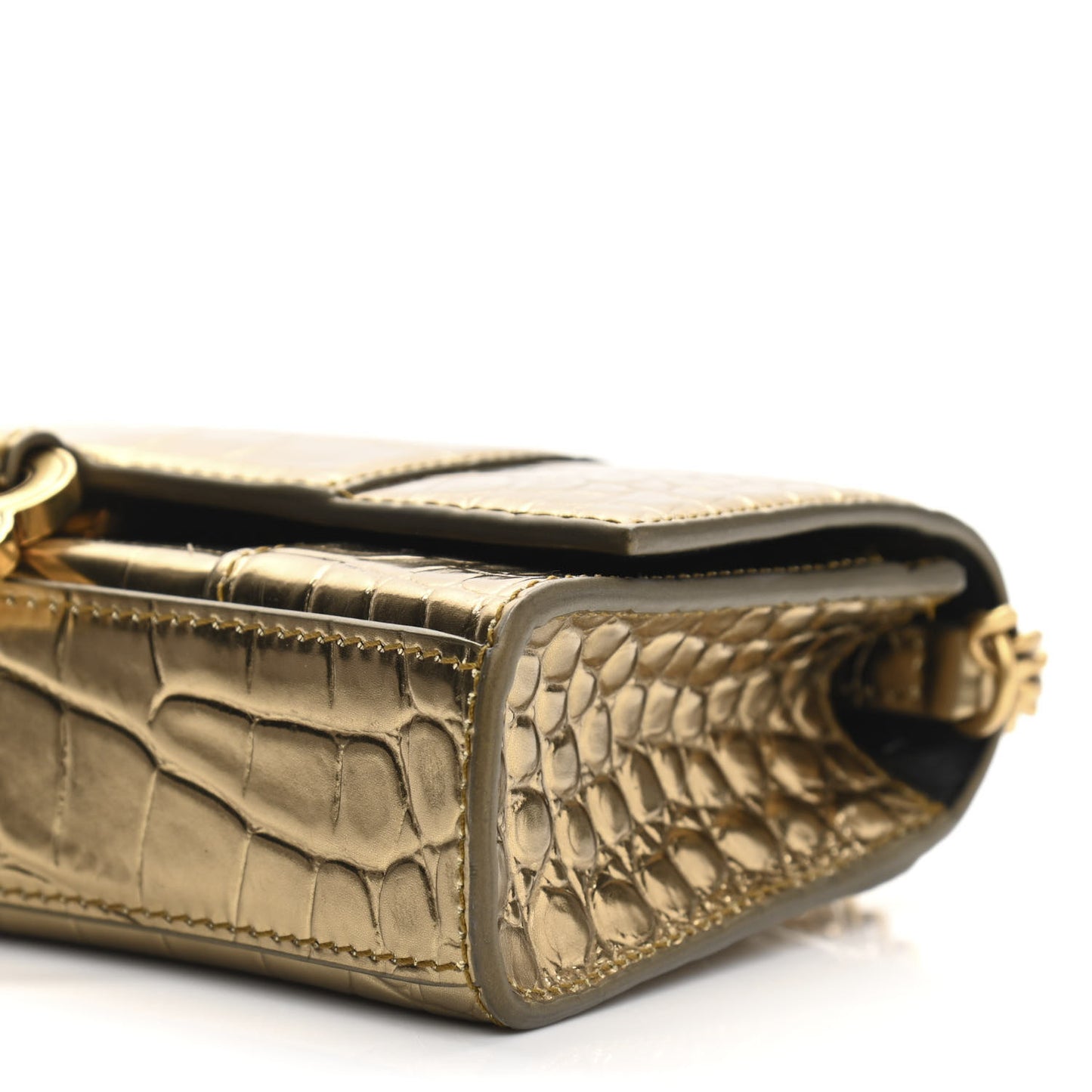 Metallic Calfskin Crocodile Embossed Hourglass Chain Bag Gold