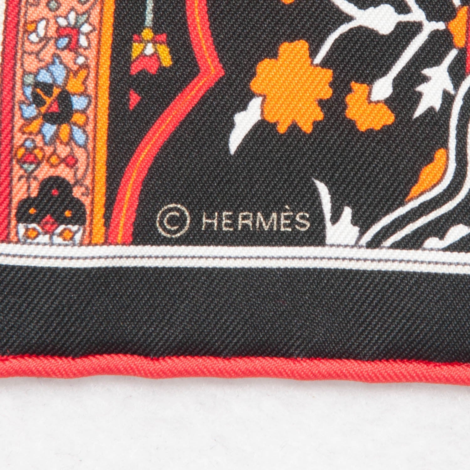 Hermes Silk Gavroche Tapis Persan Zoom Pocket Square Scarf Rouge Orange Black 4 of 7