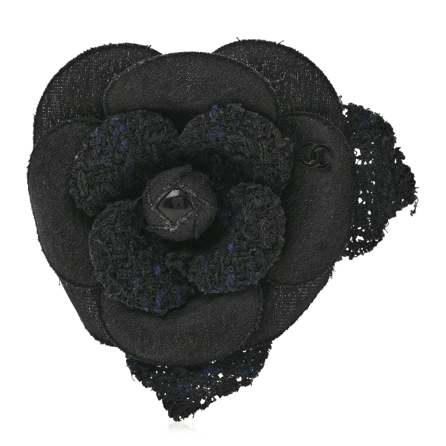 Chanel Tweed Fabric Camellia Pin Brooch Black 2 of 7