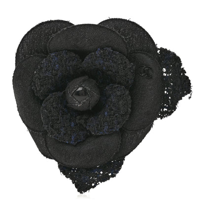 Chanel Tweed Fabric Camellia Pin Brooch Black 2 of 7