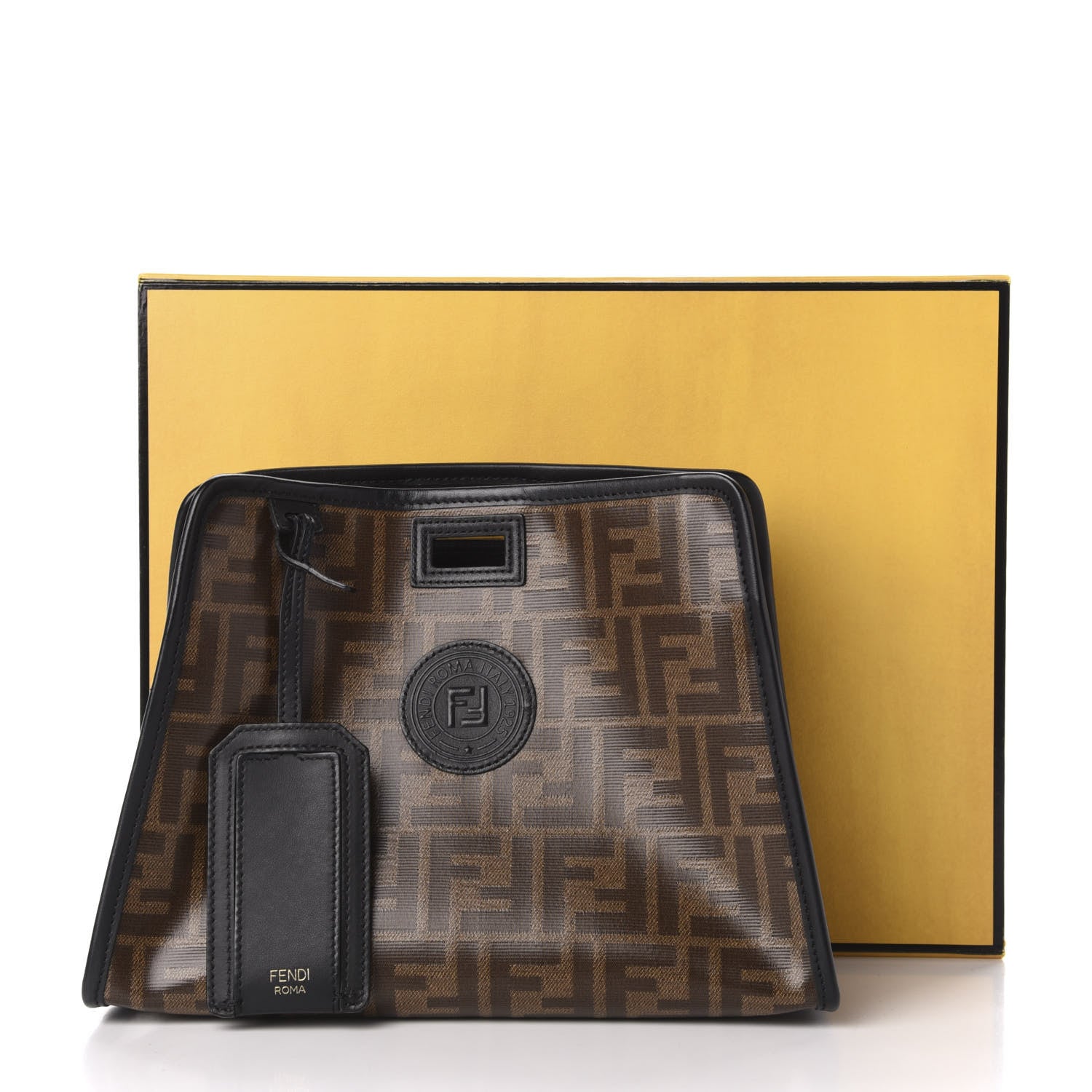 Fendi Glazed Fabric Vitello Century FF 1974 Stamp Patch Mini Peekaboo Defender Cover Mogano Panna Black 11 of 11
