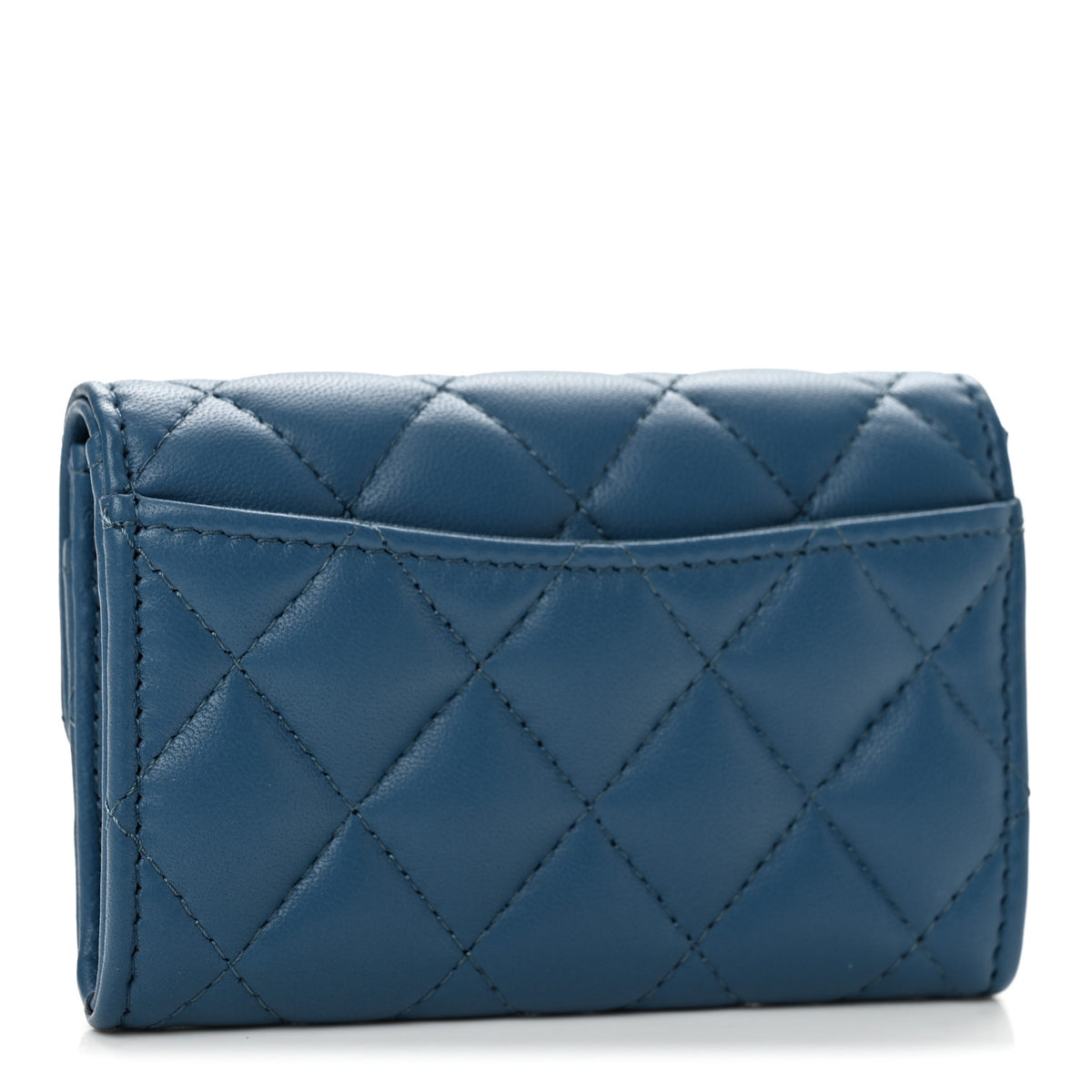 Lambskin Quilted Flap Card Holder Wallet Dark Blue
