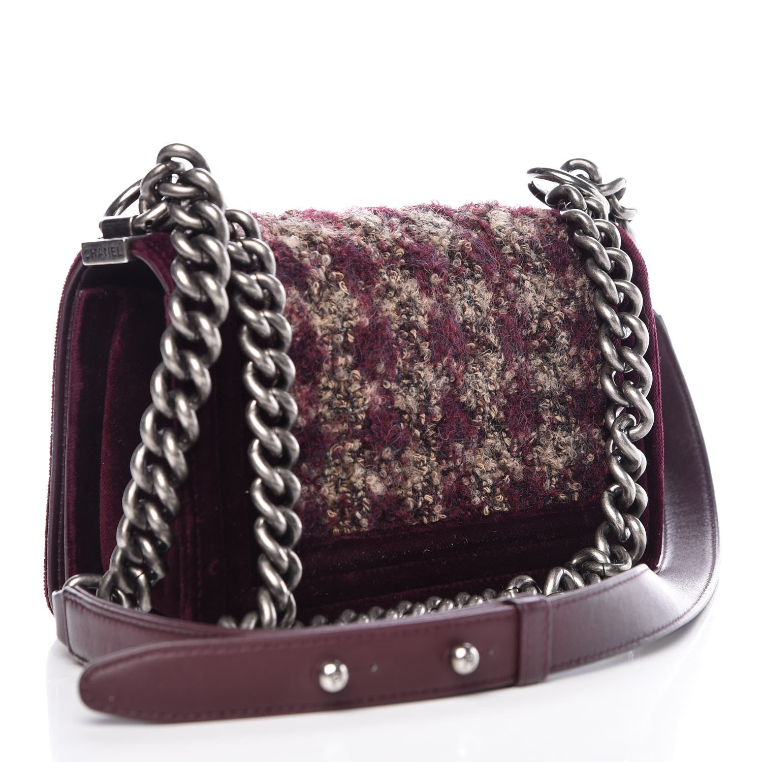 Chanel Tweed Velvet Quilted Small Boy Flap Burgundy 3 of 11