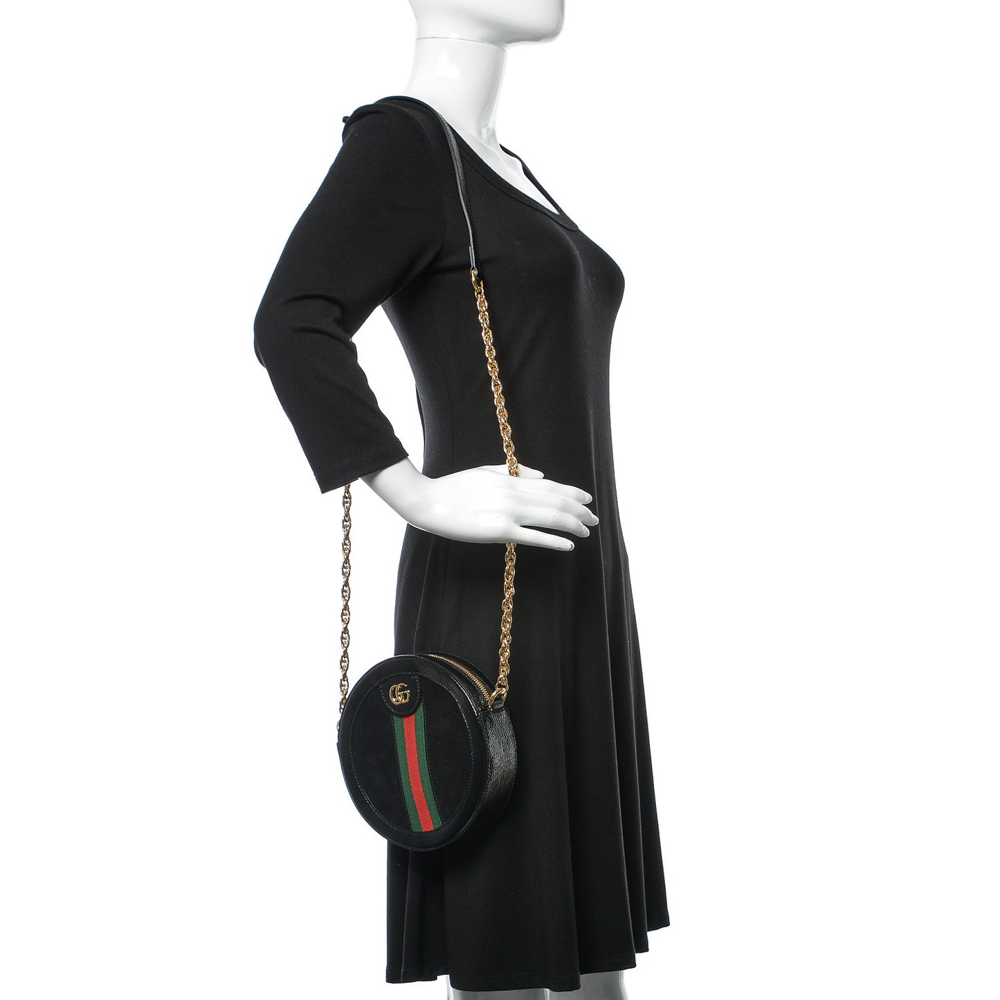 Suede Patent Web Mini Ophidia Round Shoulder Bag Black