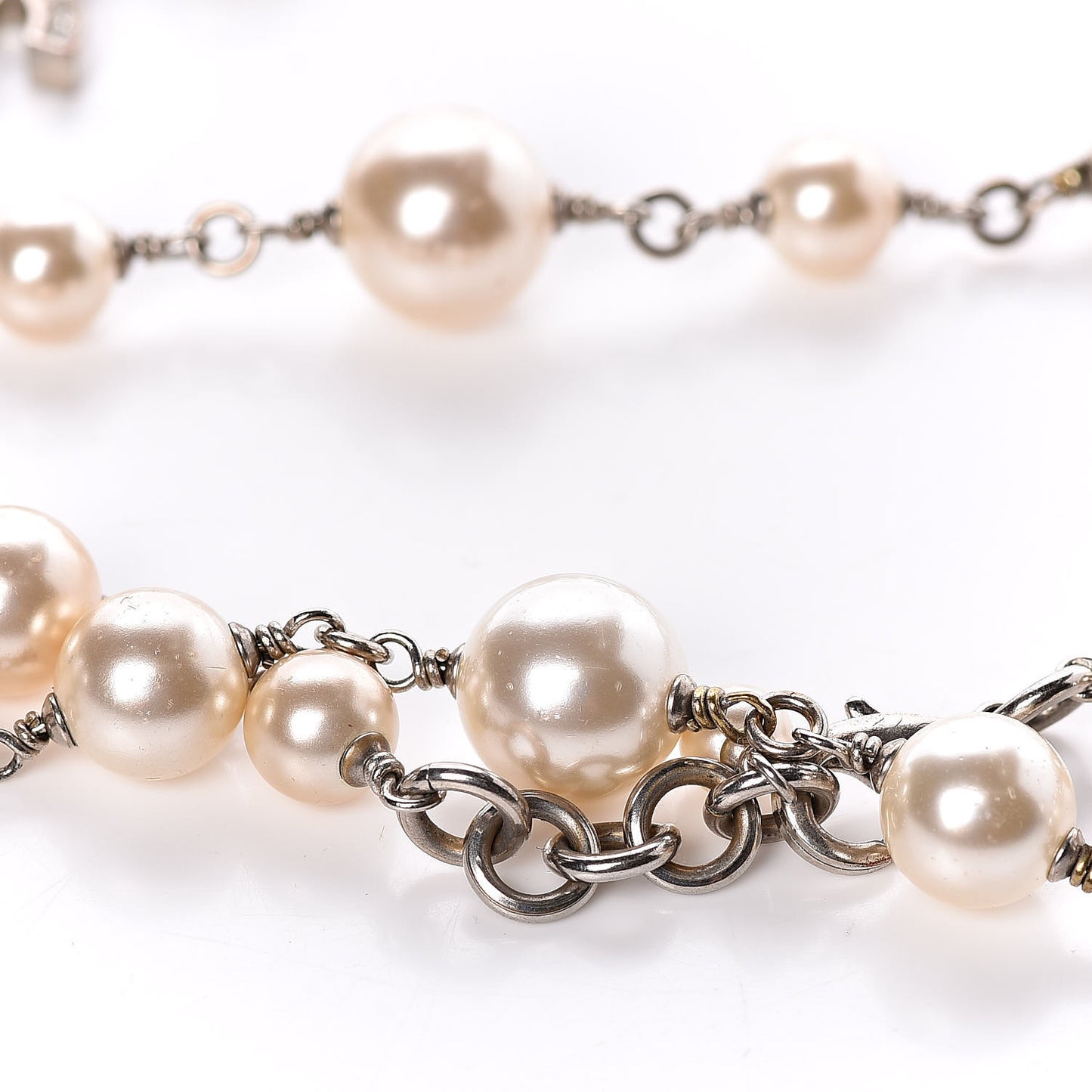 Graduated Pearl Crystal CC Long Necklace Silver