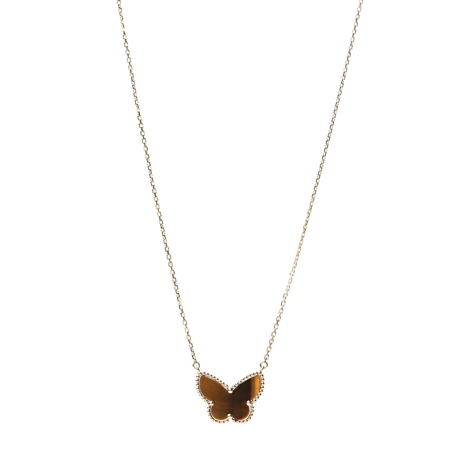 Van Cleef & Arpels 18K Yellow Gold Tiger Eye Lucky Alhambra Butterfly Pendant Necklace 1 of 6